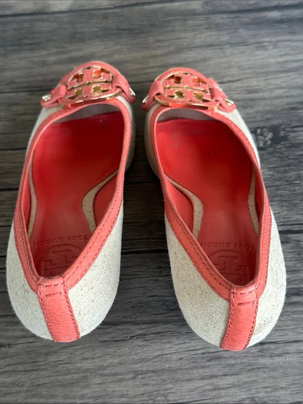 Tory Burch Coral-Trim Peep-Toe Wedges with Gold Logo